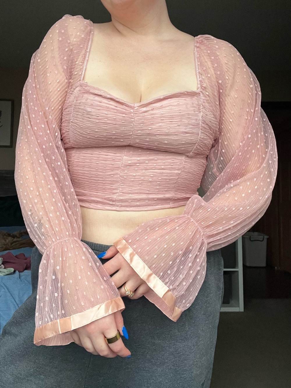 Sheer Dot Puff-Sleeve Crop Top